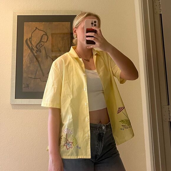 Allison Daley short sleeve button up yellow striped embroidered summer detailing - Picture 2 of 10